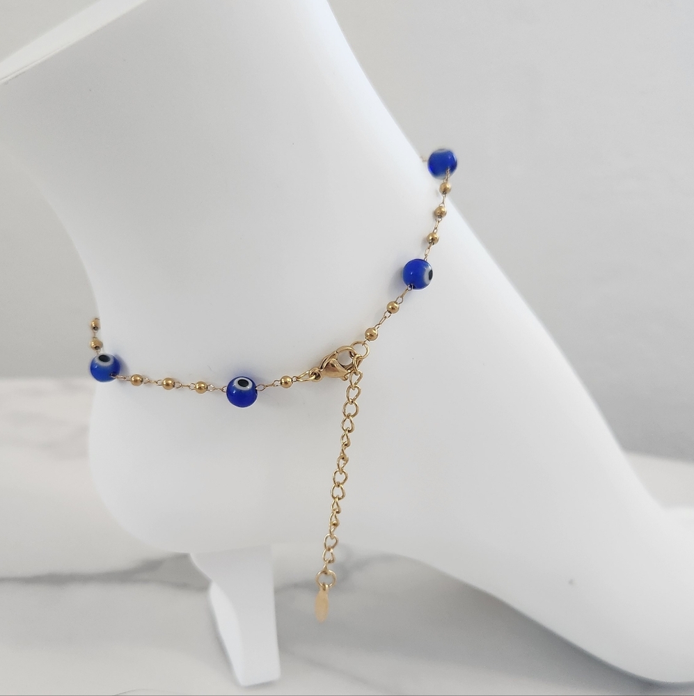Modern Style Beaded Blue Evil Eye 18K Gold Plated Bracelet - Picture 7 of 11